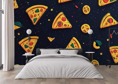 A colorful pattern featuring various pizza slices and toppings on a dark background. Wall mural