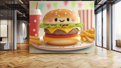 A cute, smiling hamburger with fries and drinks, designed for a playful food theme. Wall mural