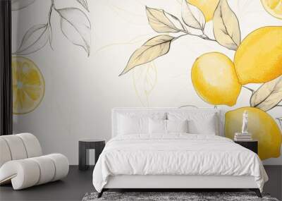 A decorative illustration featuring lemons and leaves on a light background. Wall mural