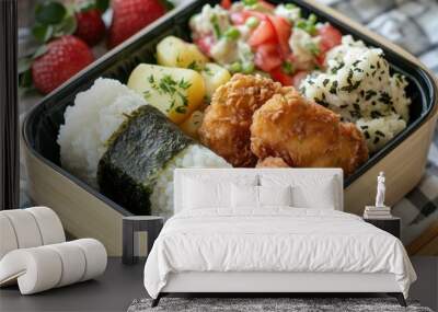 A delicious bento box featuring rice, fried chicken, and fresh vegetables. Wall mural