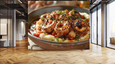 A delicious dish featuring grilled octopus on a bed of creamy mashed potatoes and sauce. Wall mural