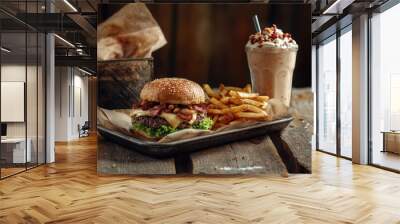 A delicious meal featuring a burger, fries, and a milkshake on a rustic table. Wall mural