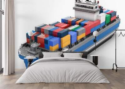 A detailed model of a cargo ship loaded with colorful shipping containers. Wall mural