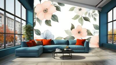 A floral pattern featuring soft pastel flowers and green leaves on a light background. Wall mural