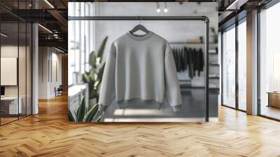 A gray sweatshirt hanging on a rack in a modern clothing store. Wall mural