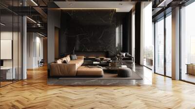 A luxurious living room featuring timeless black color themes and refined marble accents Wall mural