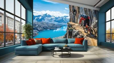 A mountain biker navigates a narrow trail with stunning mountain and lake views. Wall mural