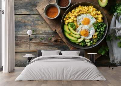 A nutritious breakfast bowl featuring scrambled eggs, avocado, and herbs. Wall mural