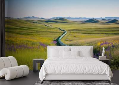 A pipeline stretches across a vibrant green landscape filled with wildflowers and rolling hills. Wall mural