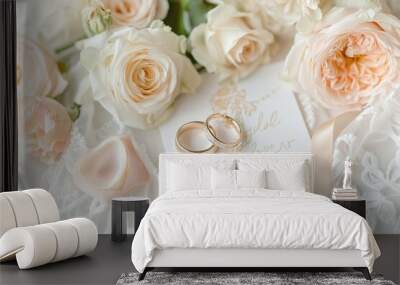 A romantic arrangement featuring wedding rings, roses, and delicate lace for a bridal setting. Wall mural