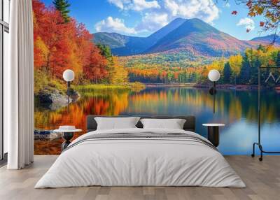 A serene autumn landscape with vibrant foliage reflecting in a tranquil lake. Wall mural