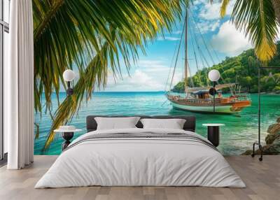 A serene beach scene featuring a sailboat anchored near a lush green coastline. Wall mural