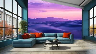 A serene desert landscape at dusk with rolling dunes and a purple sky. Wall mural