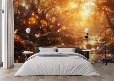 A serene fantasy landscape with glowing houses and butterflies by a tranquil stream. Wall mural