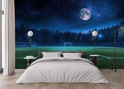 A serene night view of a soccer field under a full moon. Wall mural