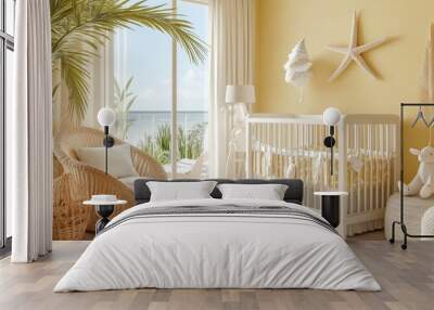 A serene nursery with a crib, coastal view, and natural decor for a calming atmosphere. Wall mural