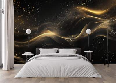 A shimmering abstract design with flowing golden waves and sparkling particles on a dark background. Wall mural