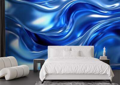 A smooth, flowing texture of blue fabric, creating a dynamic and glossy appearance. Wall mural