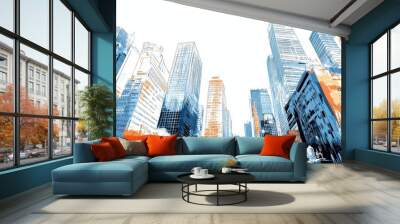 A stylized cityscape featuring tall buildings in blue and orange hues. Wall mural