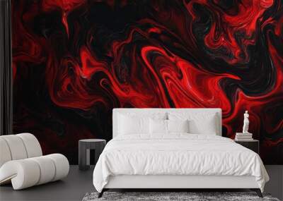 A vibrant abstract design featuring swirling red and black patterns. Wall mural