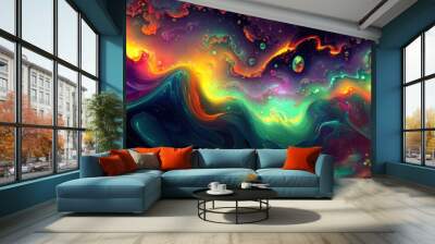 A vibrant cosmic landscape with swirling colors and abstract forms. Wall mural