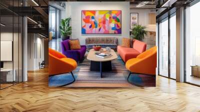 A vibrant office lounge with colorful seating and artwork for collaborative spaces. Wall mural