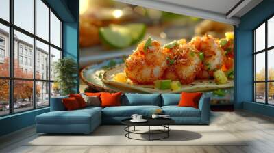 A vibrant plate of shrimp tacos garnished with fresh ingredients and lime. Wall mural