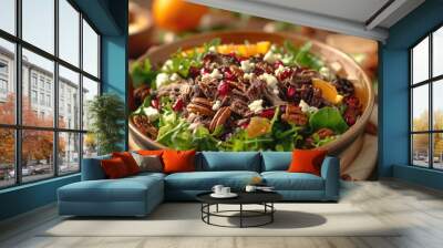 A vibrant salad featuring greens, nuts, fruits, and shredded meat, perfect for a healthy meal. Wall mural