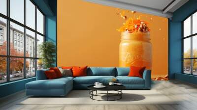 A vibrant smoothie topped with carrots and nuts, showcasing a healthy drink option. Wall mural