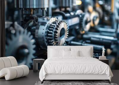 Close-up of industrial machinery featuring gears and components for manufacturing processes. Wall mural