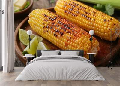 Grilled corn on the cob served with lime wedges on a wooden plate. Wall mural