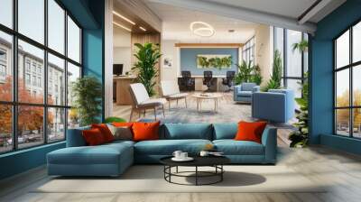 Modern office interior with seating, plants, and a welcoming atmosphere. Wall mural