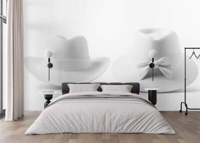 Two stylish white hats displayed side by side, showcasing different designs. Wall mural