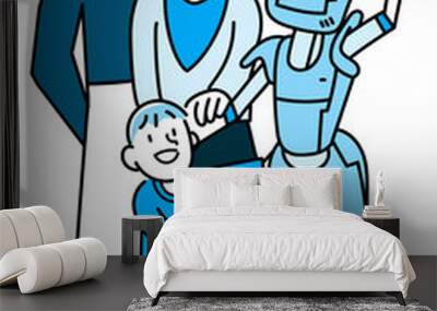 Artificial inteligence illustration, robot A.I. and people activities graphic blue tone color modern cartoon style. Wall mural