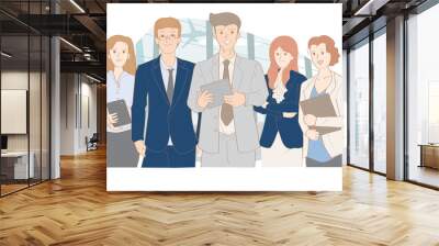 Business management team five person corperate for successful. Male and female business people with pose look confident, office businessman hand drawn style Wall mural