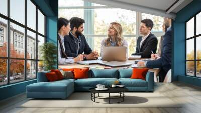 Attractive woman presenting her analysis to her diversity business team during meeting at modern office room. Wall mural