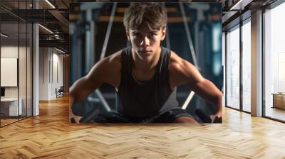 Beautiful male teenager in sportswear working out at gym. Wall mural