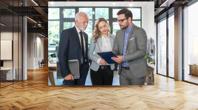 Business people working together in office. Serious senior businessman reading document with his two younger colleagues at team meeting Wall mural