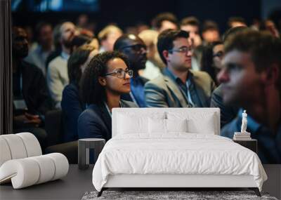 Business woman sitting in dark crowded auditorium at an international business conference. Wall mural