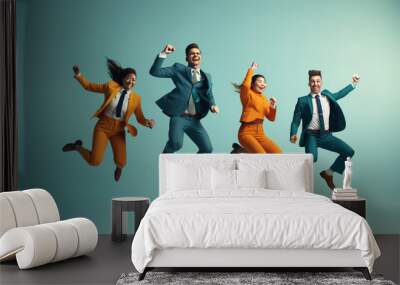 Cheerful diverse business people showing overjoy jumping with raised hands. Different business people jumping on color background. Celebrating success and triumphing victory Wall mural