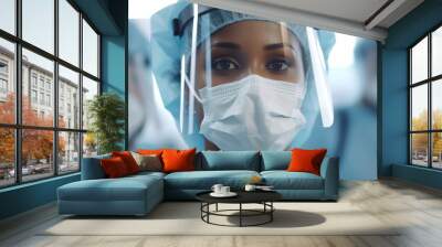 Close up of female nurse in protective facial mask and face shield with her colleagues in the background. Wall mural