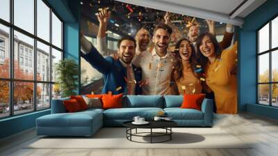 Corporate businesspeople having fun and in corporate party at office, celebrating spacial event such as corporate anniversary or business success. Wall mural