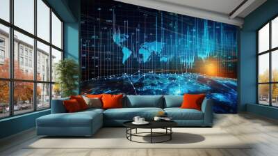 Economy background with abstract stock market graph, tickers, financial data and blue world map. Wallpaper for global economy and financial news. Wall mural