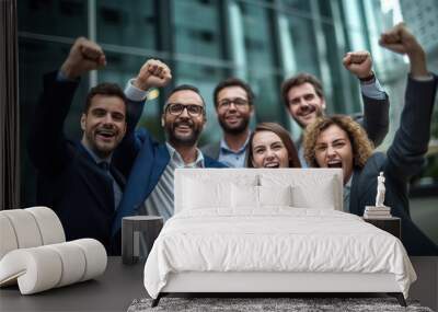 Excited diverse business team employees screaming celebrating good news with their fists up in the air. Business win corporate success, happy colleagues cheering in front of company building. Wall mural