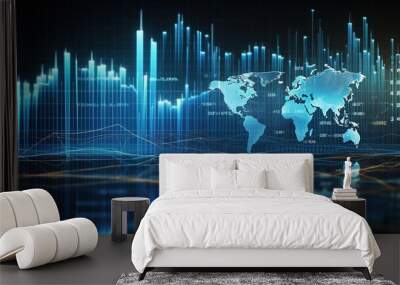 Finance, global financial markets concept. World map at stock market charts and forex data. Wall mural