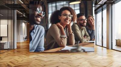 Group diverse business people gathered at conference table during brainstorming while discussing new ideas for their new project in the conference room office. Wall mural