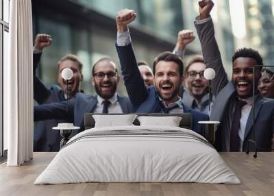 Group of diverse business people celebrating a triumph with fist up outside in front of company building. Wall mural