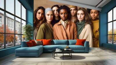 Group of multi ethnic women with different types of skin standing together and looking on camera. Multicultural diversity and friendship concept.Diverse ethnicity women. Wall mural