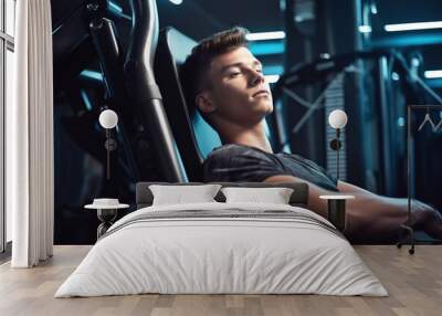 Handsome young man resting on exercise machine after training at gym. Wall mural