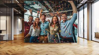 Happy diverse employees team celebrating success business achievement among confetti. Wall mural